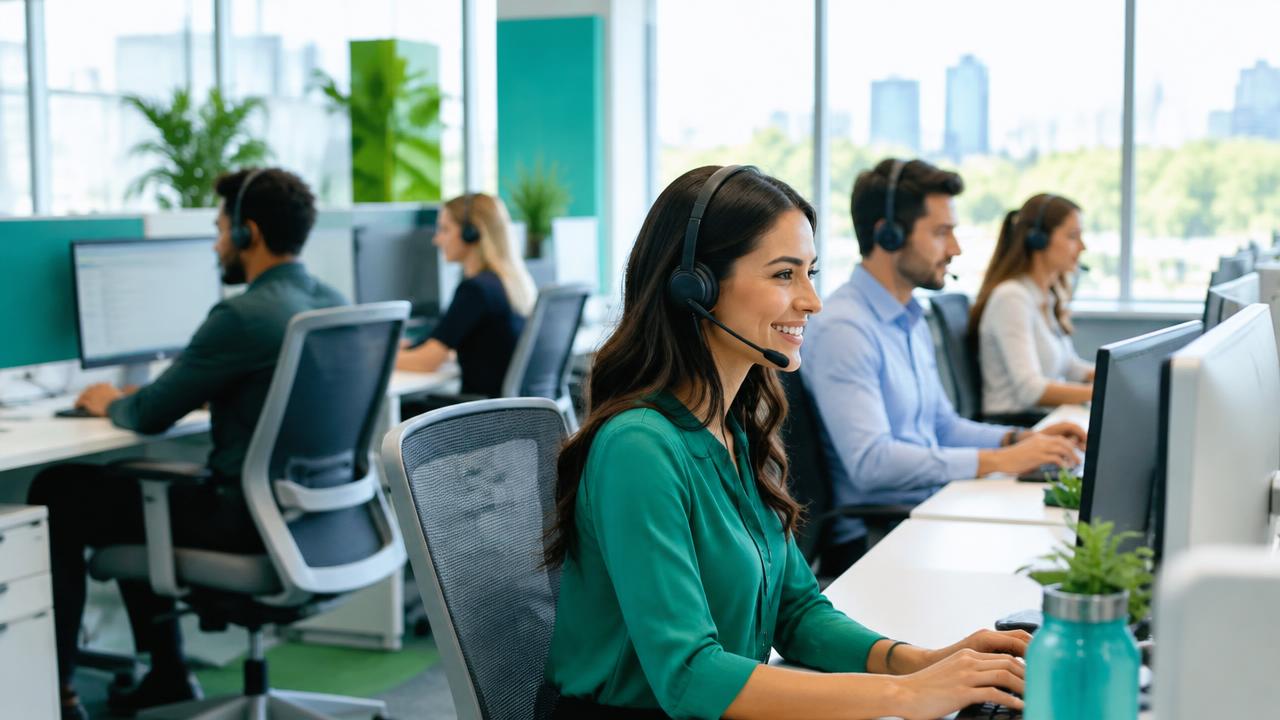 Call center floor with agents wearing headsets at night